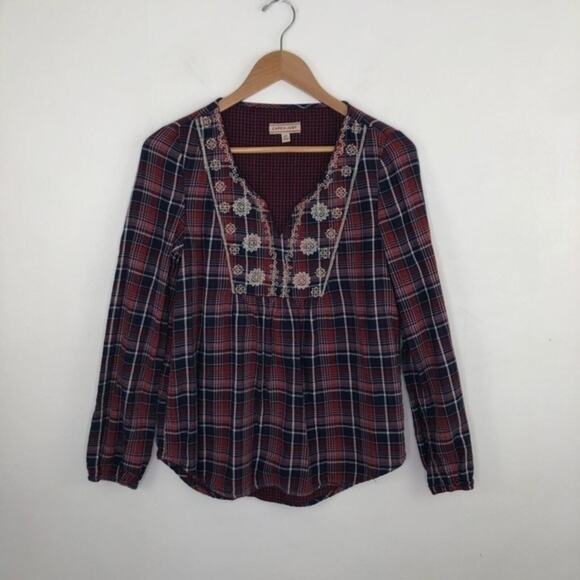Cape Juby Plaid Embroidered V Neck Peasant Top Size Small - Picture 1 of 9